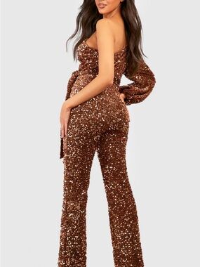 Boohoo Copper Sequin One-Shoulder Flared Jumpsuit